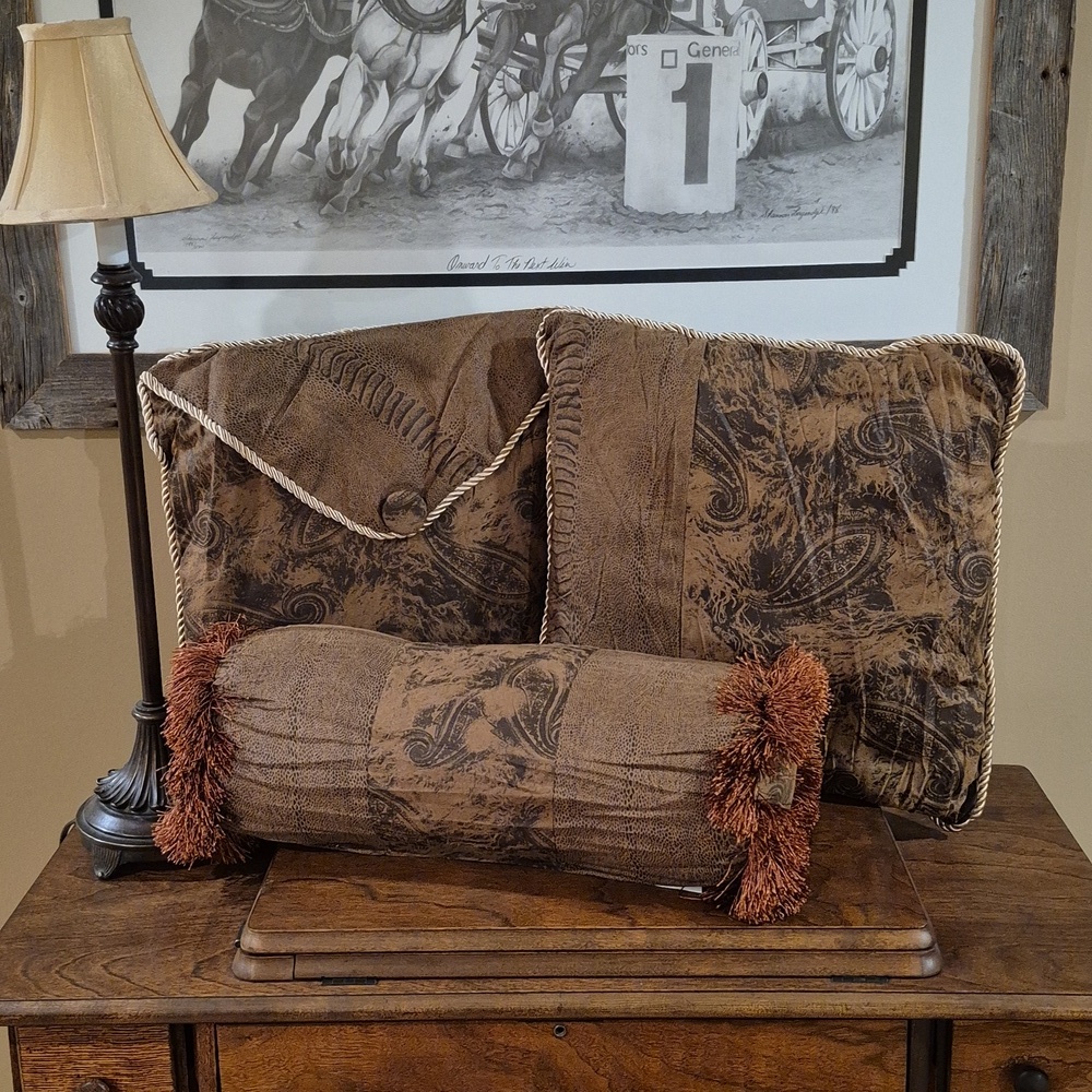 GRAND LINEN Dark Camel Brown Paisley Animal Print Decorative Pillows, Set of 3